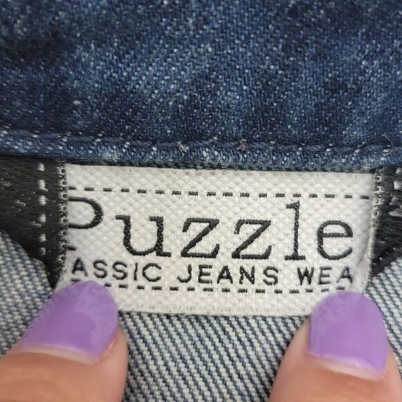 PUZZLE Jeans Vest Jacket Sleeveless Button Up Distressed Patched Women's Size L - Picture 4 of 8